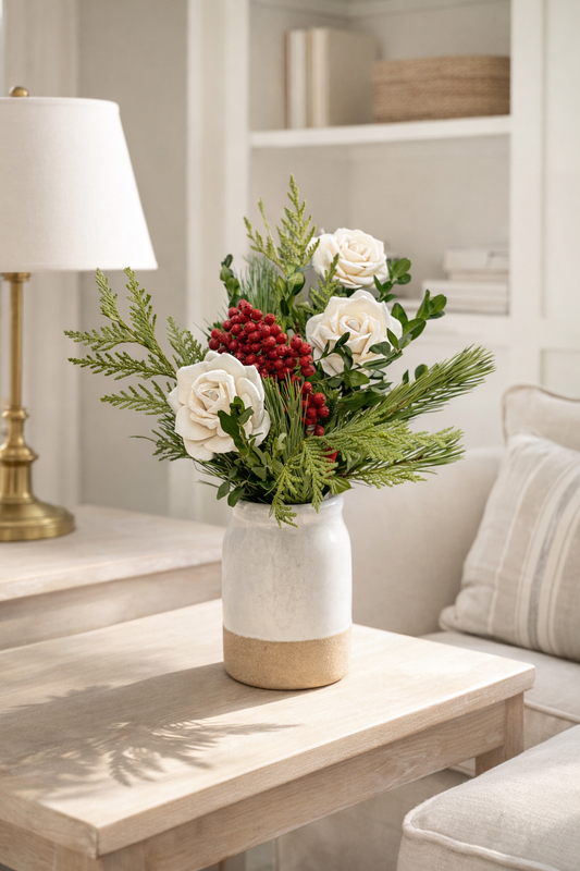 Fresh Evergreens Snow Rose Bouquet