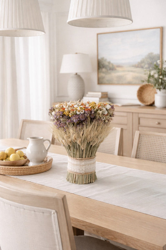 Dried Wildflowers and Lace Stack Centerpiece