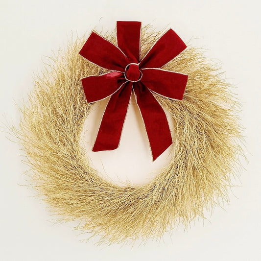 Dried Gold Twig with Burgundy Bow Wreath