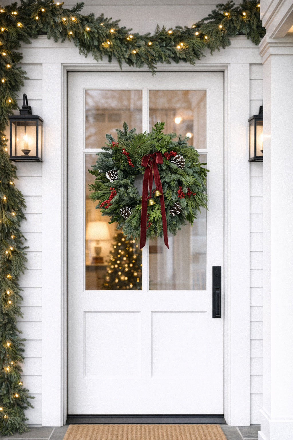 Fresh Evergreens Snow and Bells Wreath