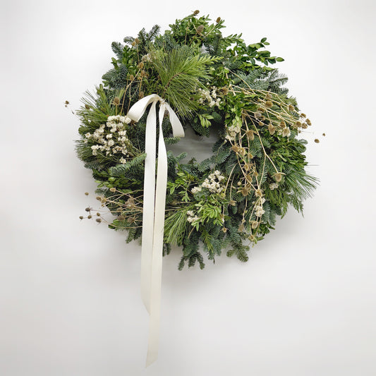 Fresh Evergreens Frosted Satin Wreath
