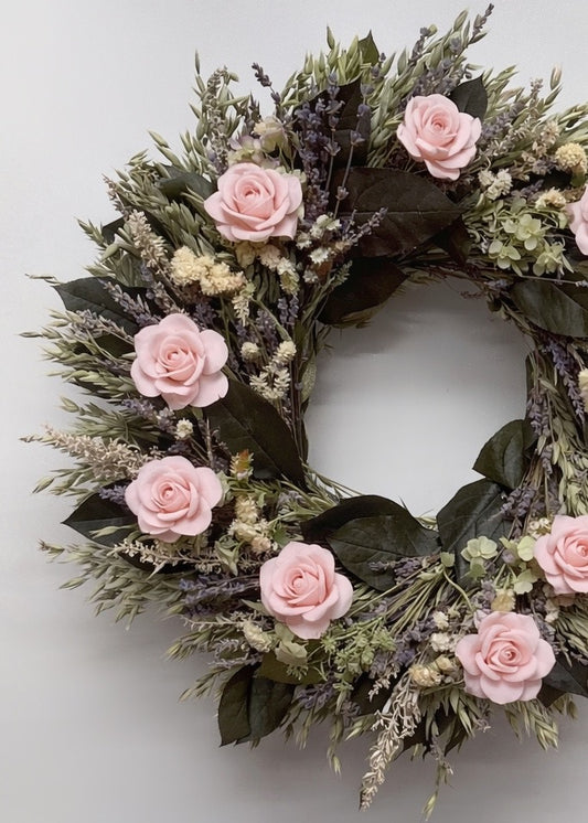 Dried and Preserved Lavender and Pink Rose Wreath
