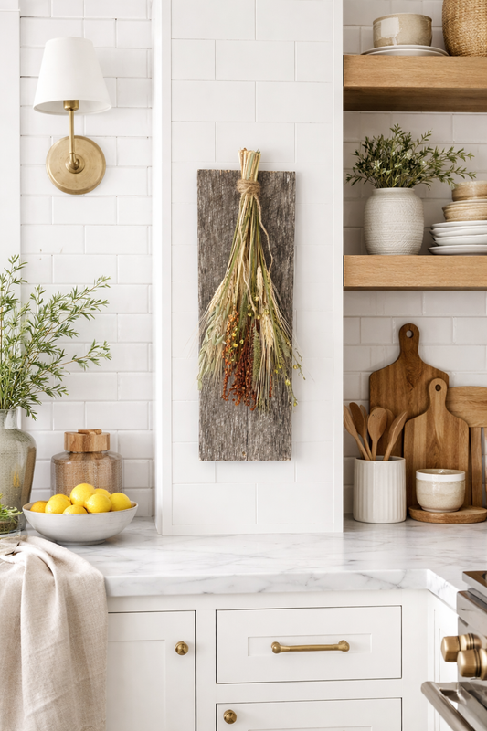 Dried Wyoming Sunset Bouquet on Weathered Wood Board