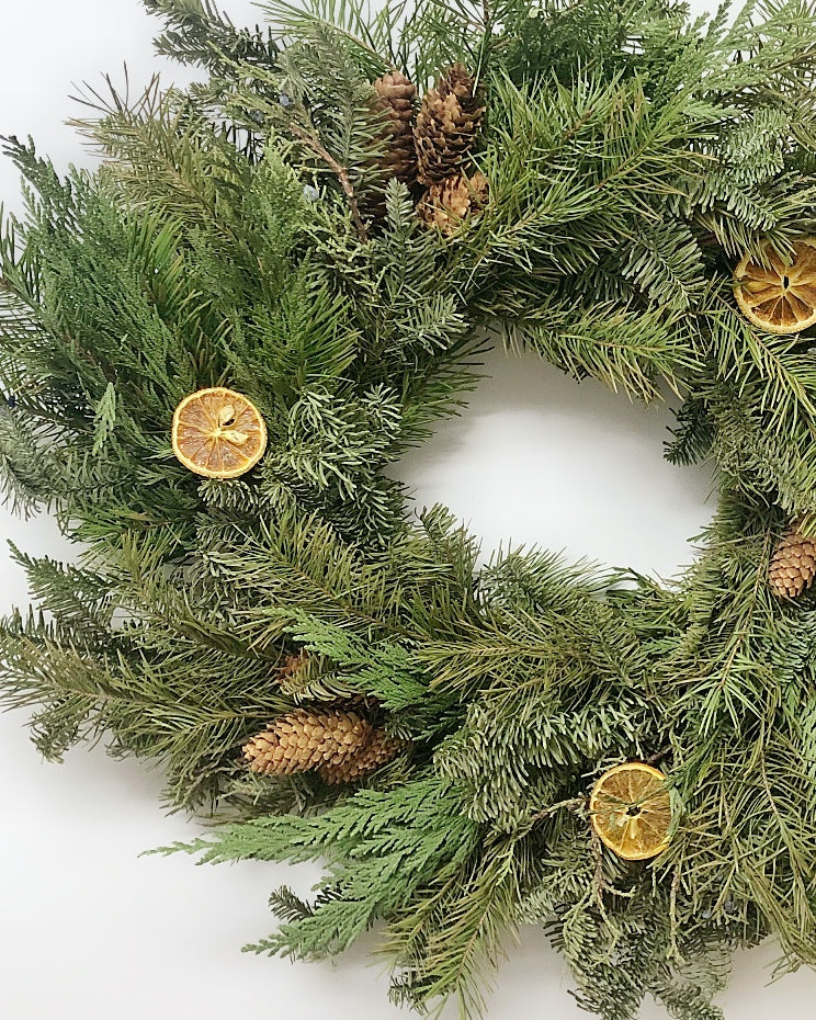 Fresh Evergreens Citrus and Pine Wreath