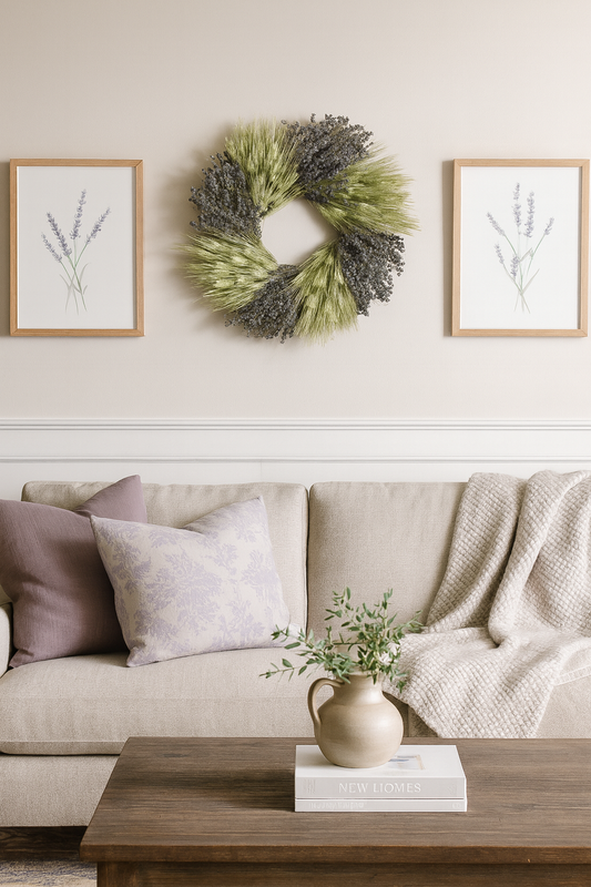 Dried English Lavender and Green Wheat Wheel Wreath