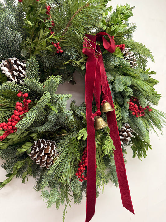 Fresh Evergreens Snow and Bells Wreath