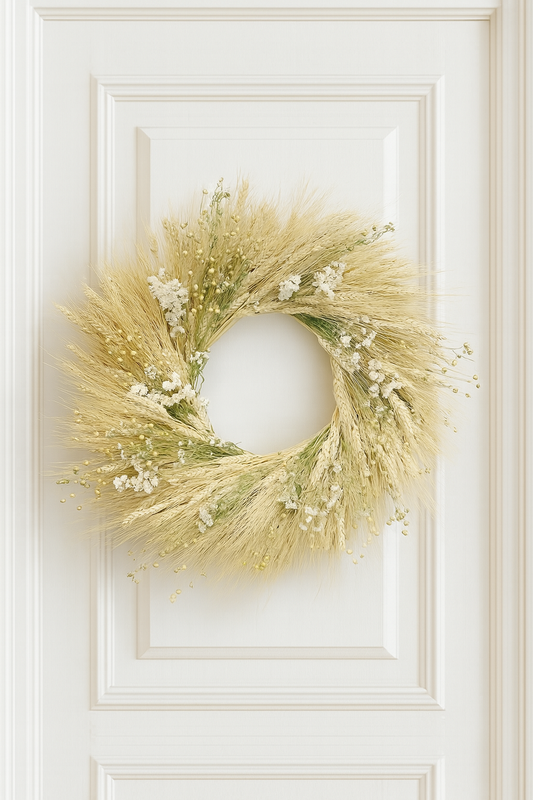 Dried Wheat and White Posies Wreath