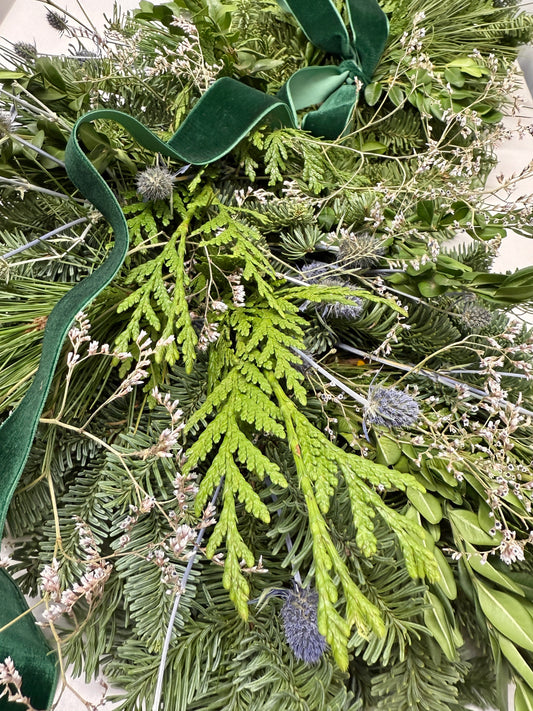 Fresh Evergreens Sea Holly Frost Mantelpiece Runner