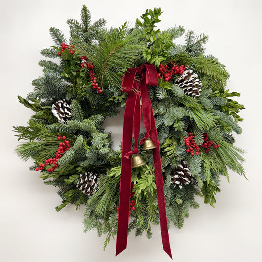 Fresh Evergreens Snow and Bells Wreath