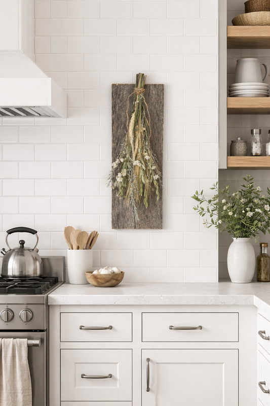 Dried Airy Garden Bouquet on Weathered Wood Board
