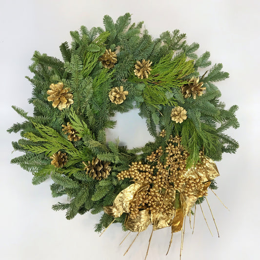 Fresh Evergreens Golden Pinecones Wreath