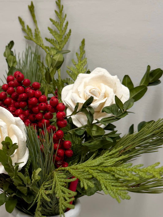 Fresh Evergreens Snow Rose Bouquet