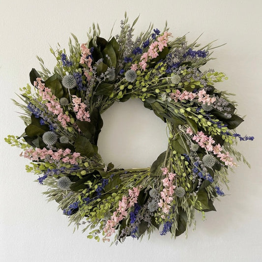 Dried and Preserved Larkspur and Leaf Wreath