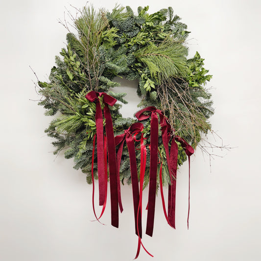 Fresh Evergreens Trailing Bows Wreath
