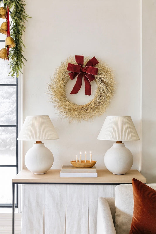 Dried Gold Twig with Burgundy Bow Wreath