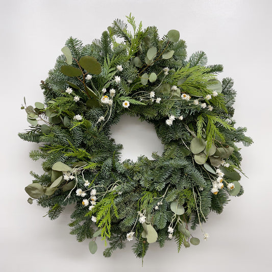 Fresh Evergreens Winter Daisy Wreath