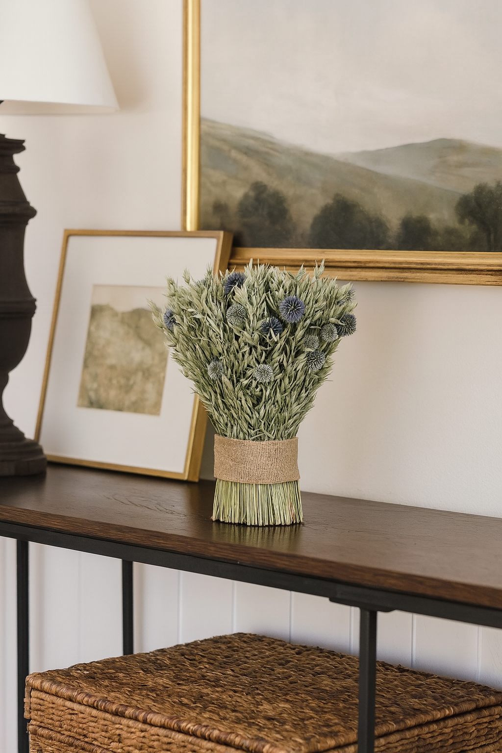 Dried Avena and Echinops Stack Centerpiece
