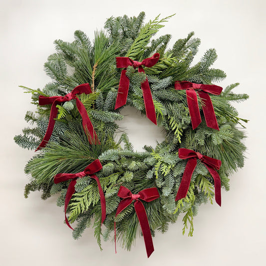 Fresh Evergreens Winter Bows Centerpiece