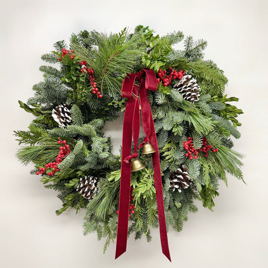 Fresh Evergreens Snow and Bells Wreath