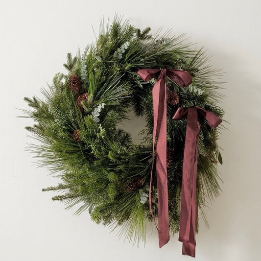 Fresh Evergreens Satin Noel Wreath