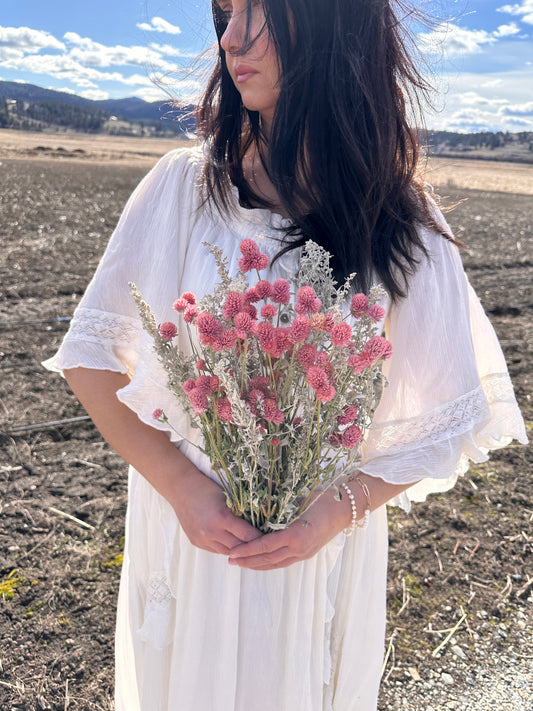 Dried Pink Globe Amaranth and Artemisia Bouquet