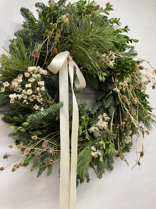 Fresh Evergreens Frosted Satin Wreath