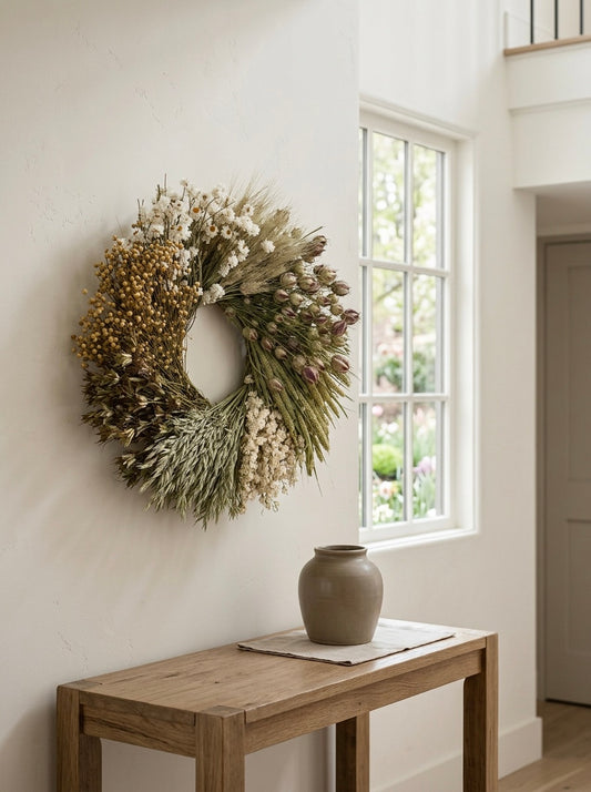 Dried Verdant Ivory Wheel Wreath