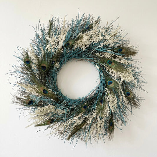Dried Aqua Blue Peacock Wreath