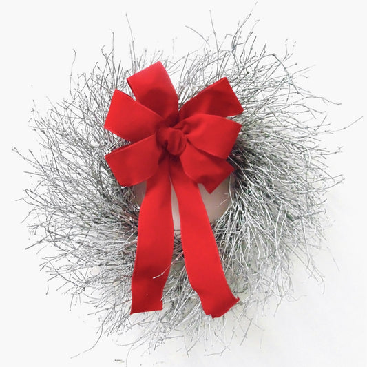 Dried Silver Twig with Red Bow Wreath