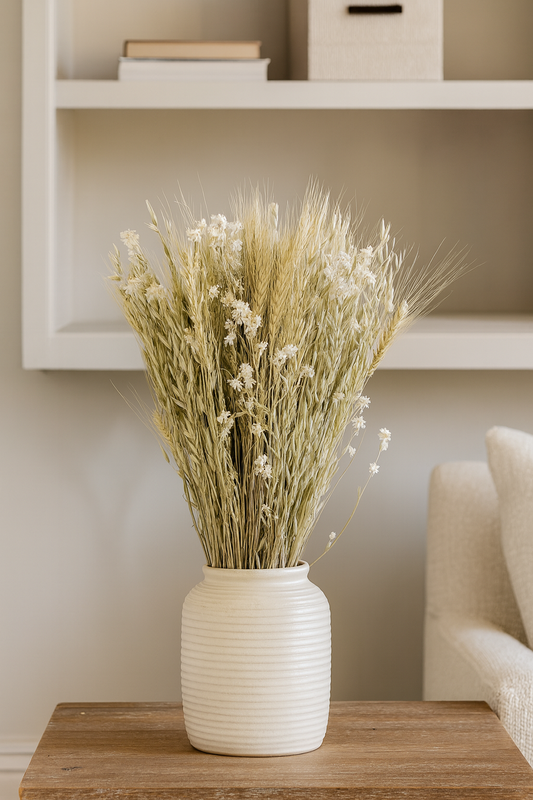 Dried Spring Green Grains with Ammobium Daisies Bouquet
