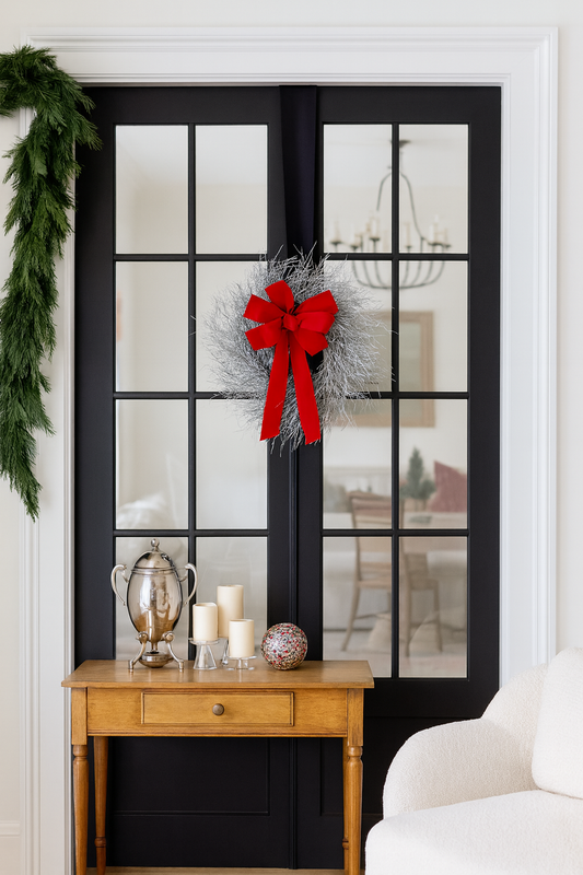 Dried Silver Twig with Red Bow Wreath