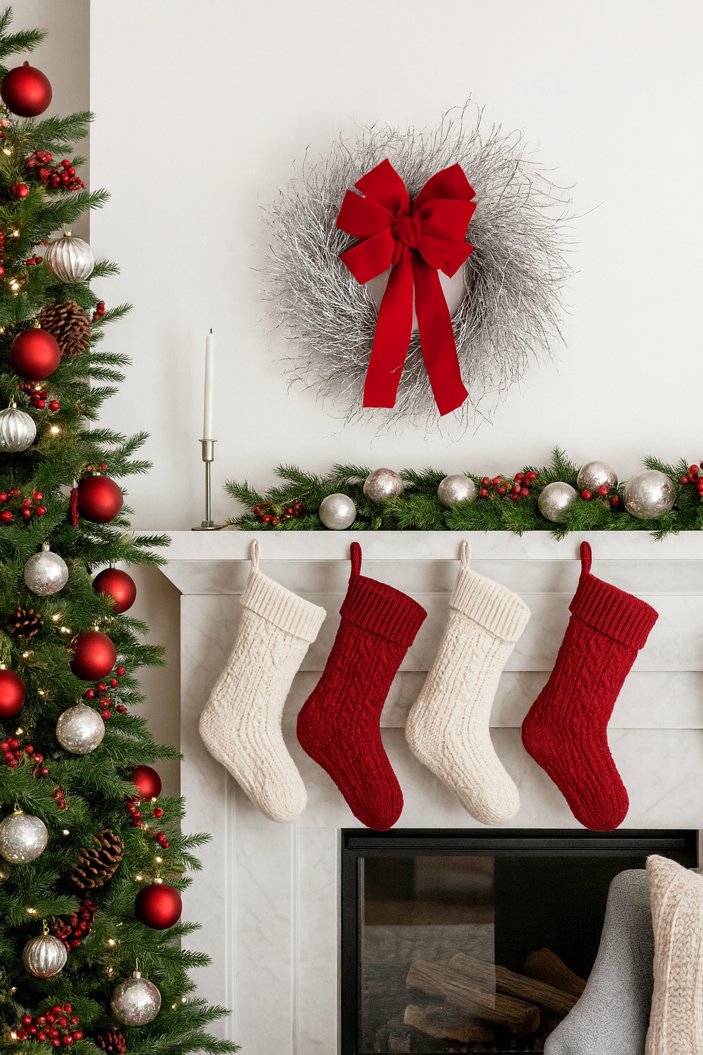 Dried Silver Twig with Red Bow Wreath