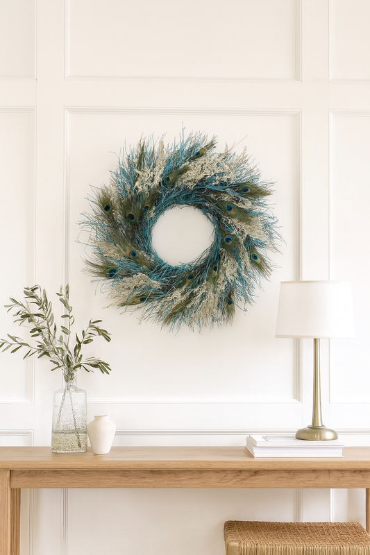 Dried Aqua Blue Peacock Wreath