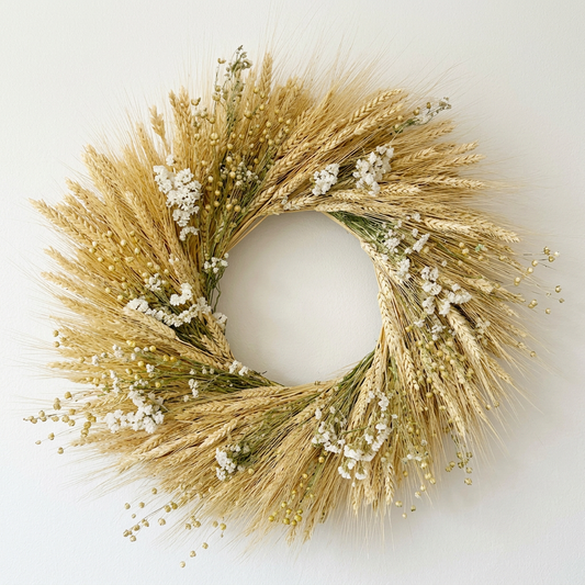 Dried Wheat and White Posies Wreath