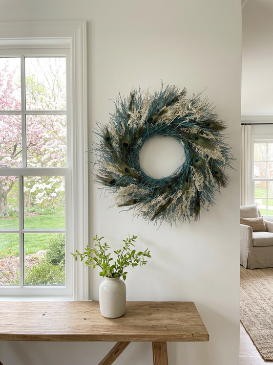 Dried Aqua Blue Peacock Wreath