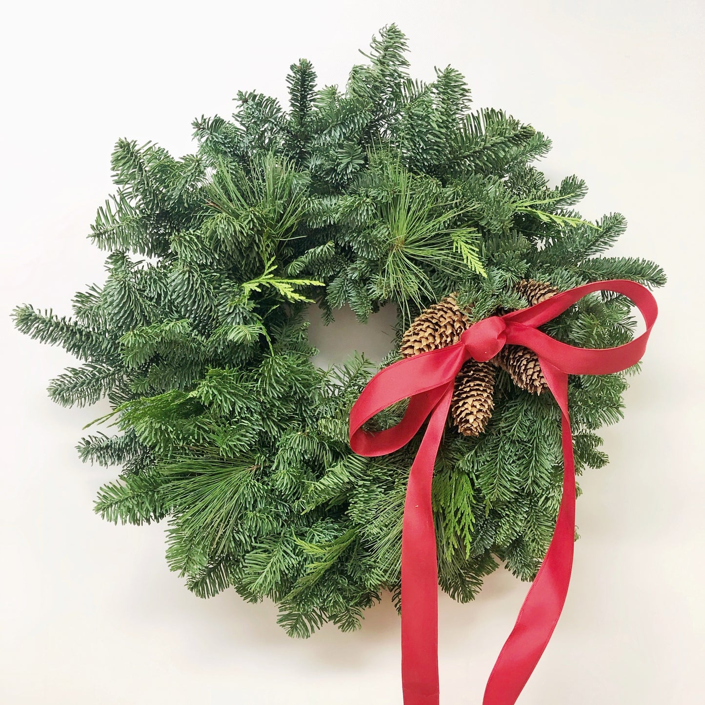 Fresh Evergreens Red Satin Bow Wreath