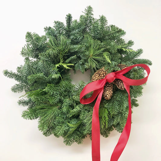 Fresh Evergreens Red Satin Bow Wreath