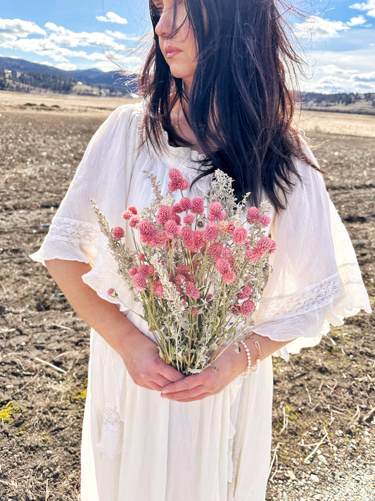 Dried Pink Globe Amaranth and Artemisia Bouquet