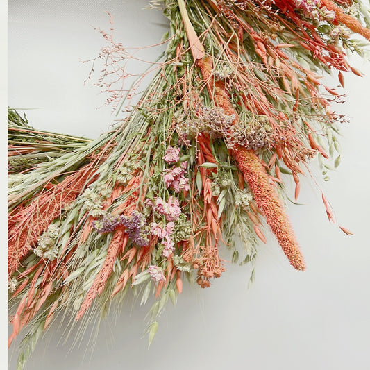 Dried Coral Peachy Wildflower Wreath