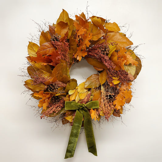 Dried and Preserved November Forage Wreath with Bow