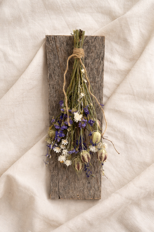 Dried Love in a Mist Blue Bouquet on Weathered Wood Board