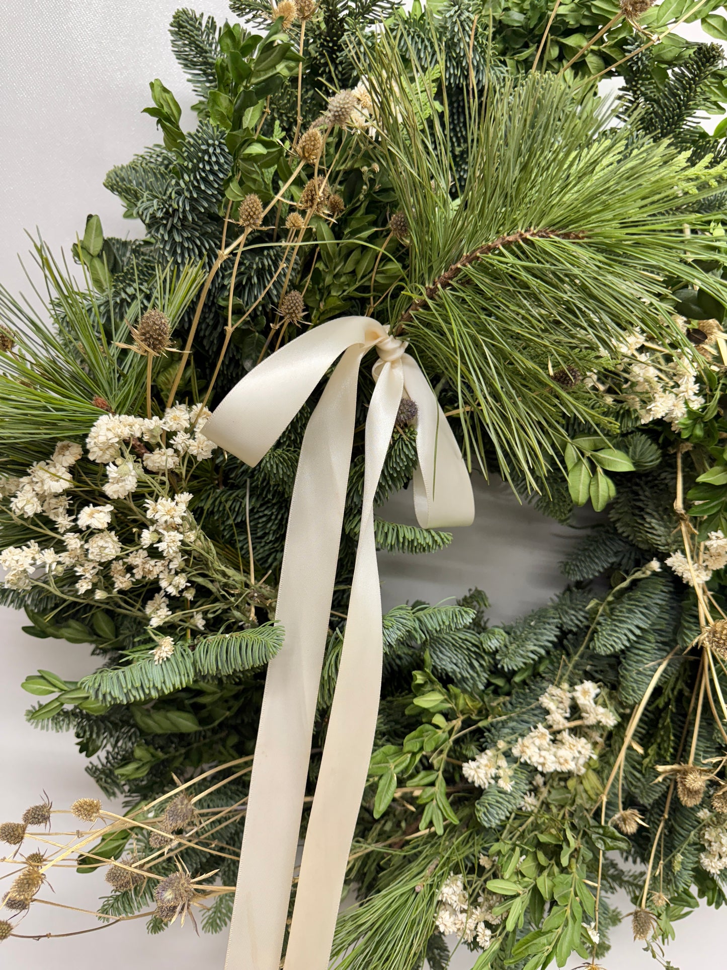 Fresh Evergreens Frosted Satin Wreath
