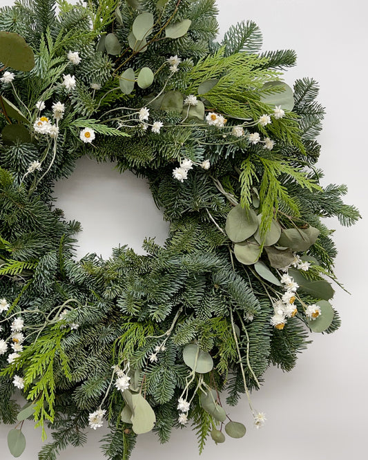 Fresh Evergreens Winter Daisy Wreath