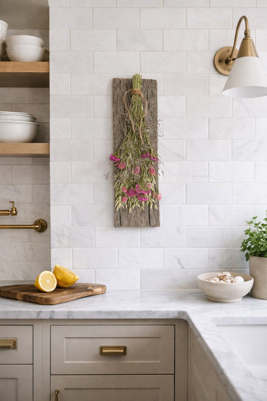 Dried Pink and Oat Bouquet on Weathered Wood Board
