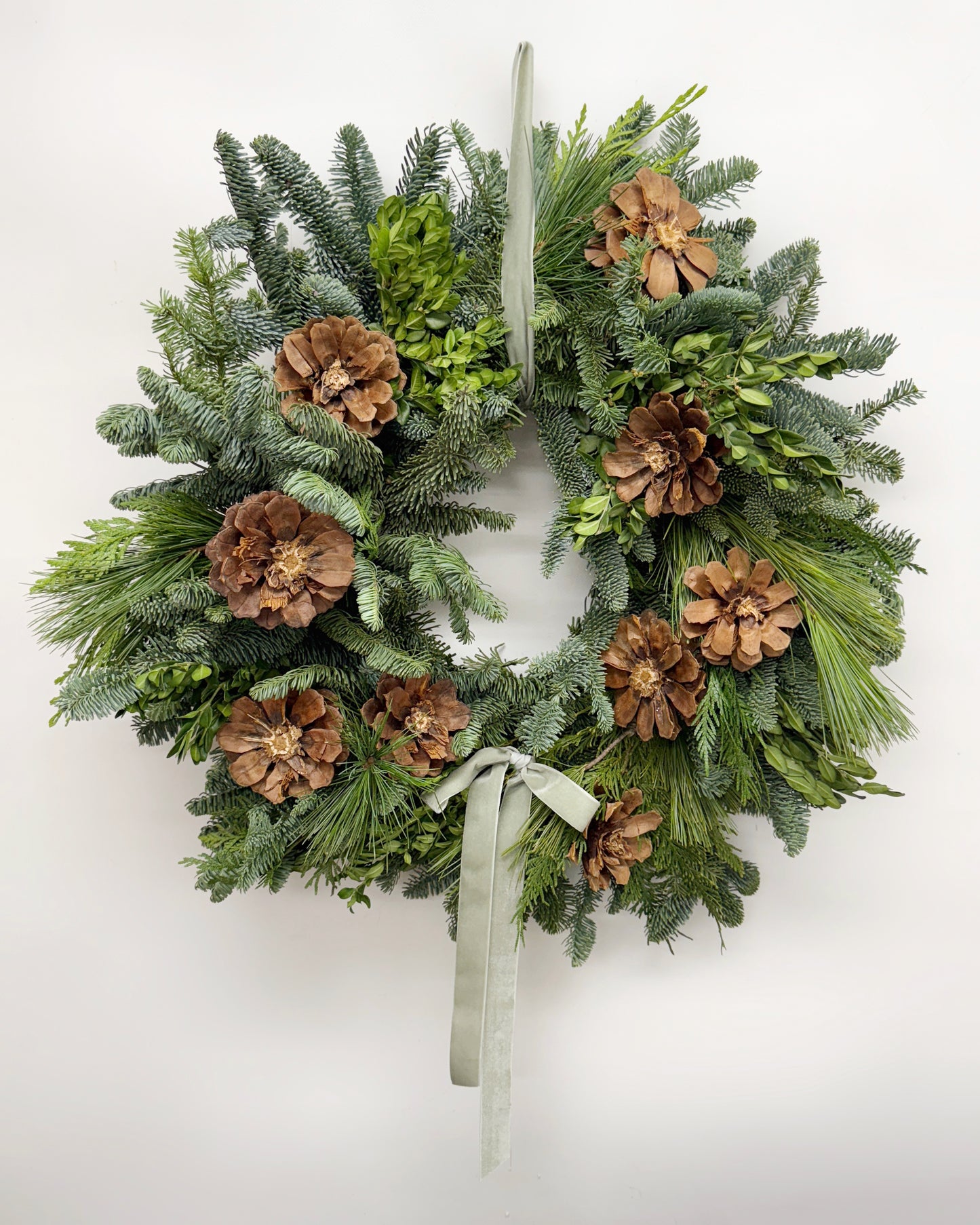 Fresh Evergreens Velvet Rosette Wreath