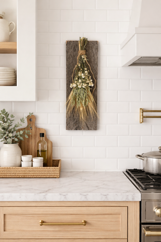 Dried Washington Grasslands Bouquet on Weathered Wood Board