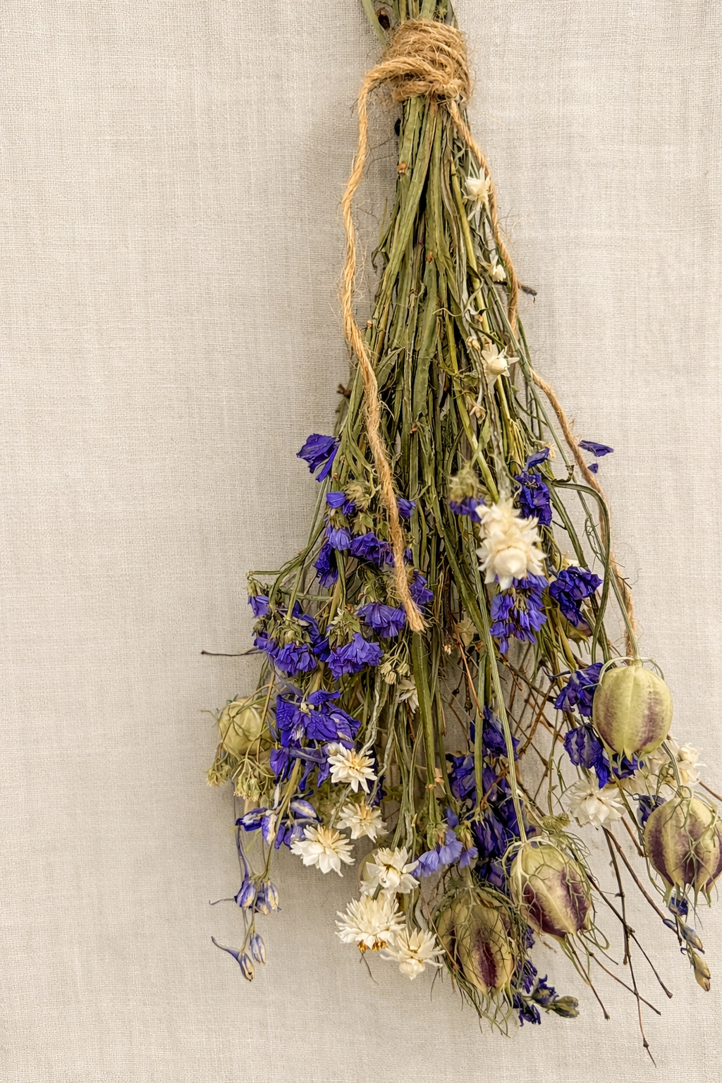 Dried Love in a Mist Blue Bouquet on Weathered Wood Board