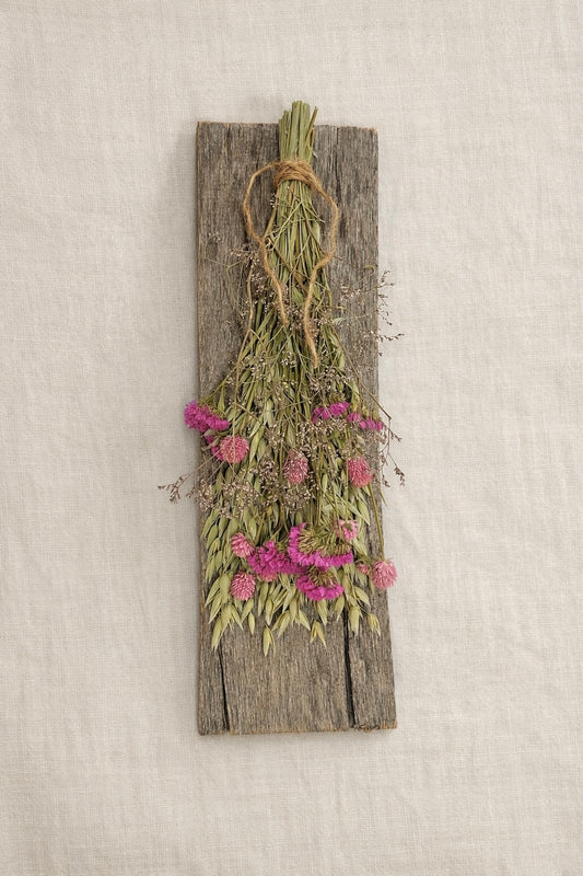 Dried Pink and Oat Bouquet on Weathered Wood Board