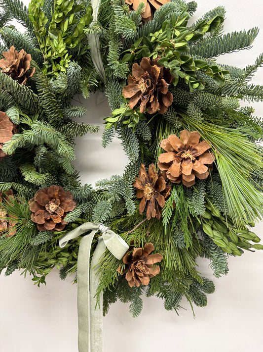 Fresh Evergreens Velvet Rosette Wreath