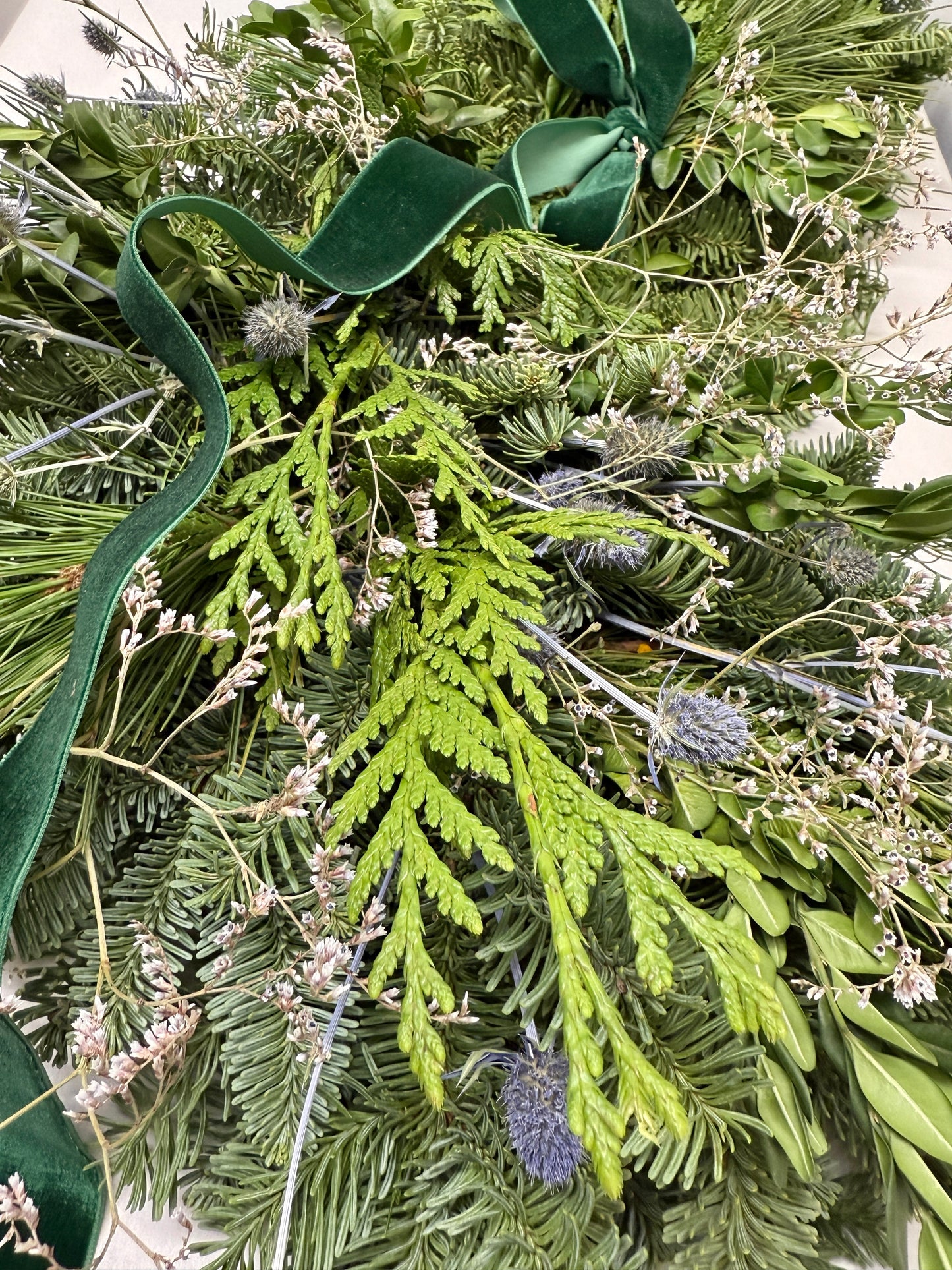 Fresh Evergreens Sea Holly Frost Mantelpiece Runner